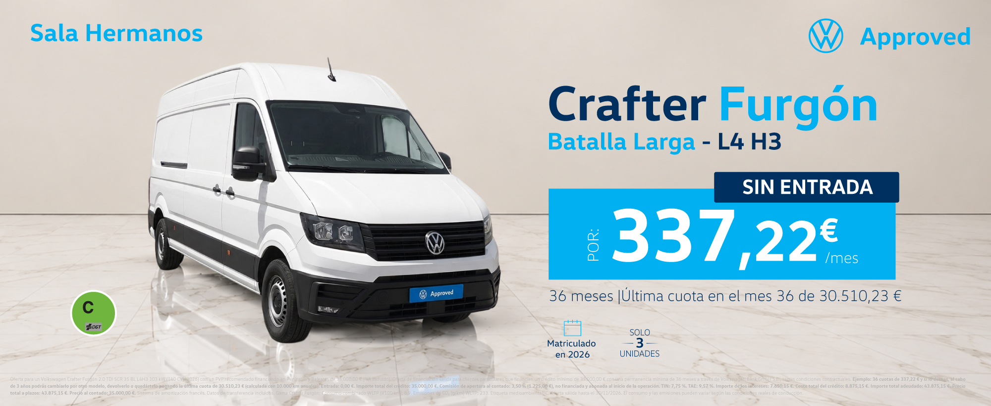 ¡Sin Entrada! Volkswagen Crafter Furgón 140 CV por 337 €/mes